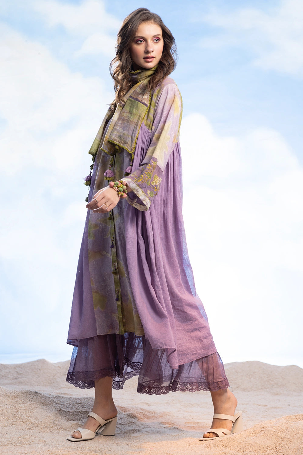 Band Collar Flare Tunic With Long Frill Inner & Stole