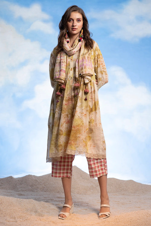 Flare Eco Print Dress With Pants And Stole