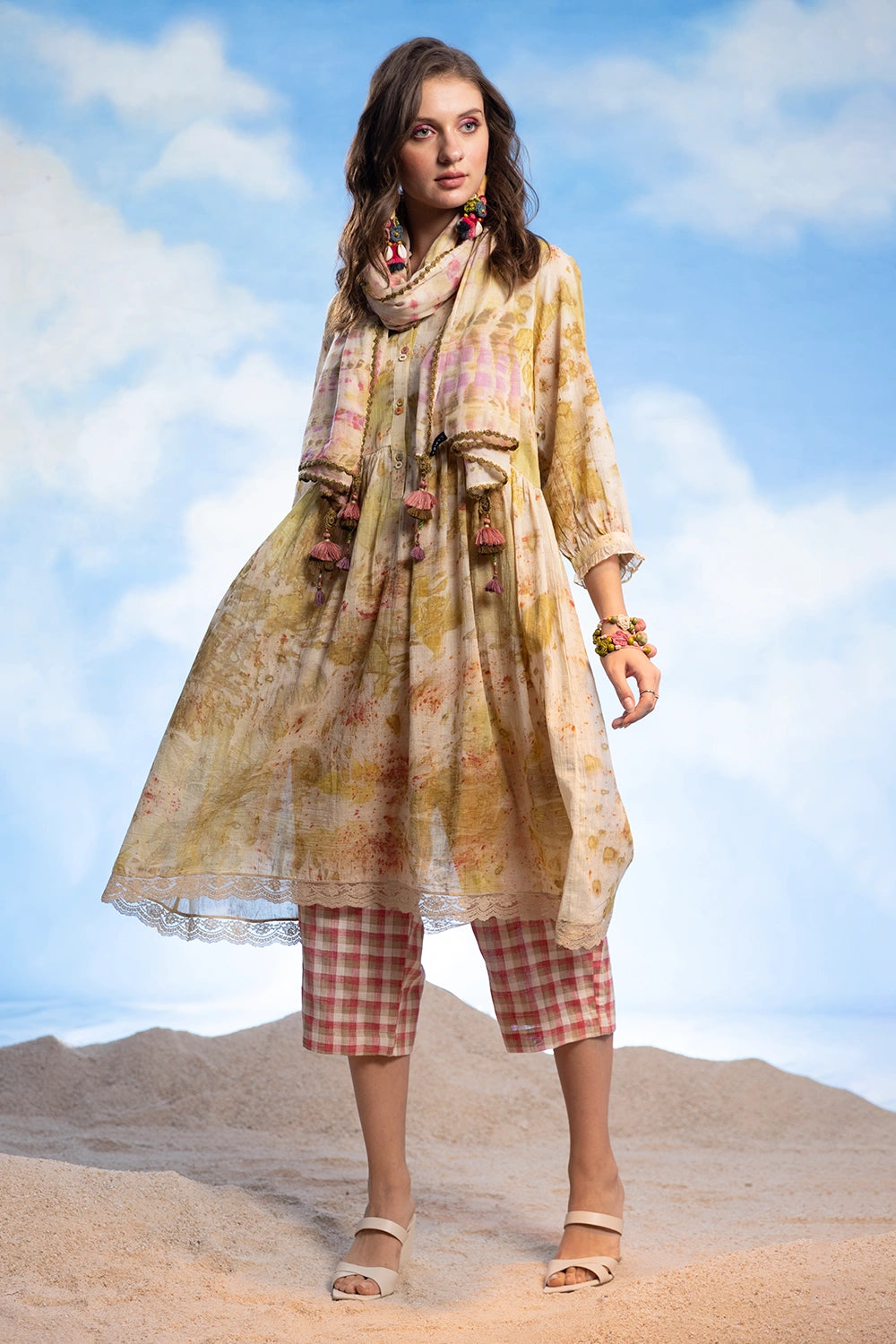 Flare Eco Print Dress With Pants And Stole