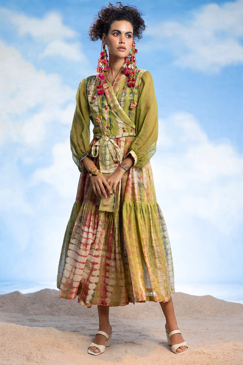 Embroidered Overlap Flare Panel Dress