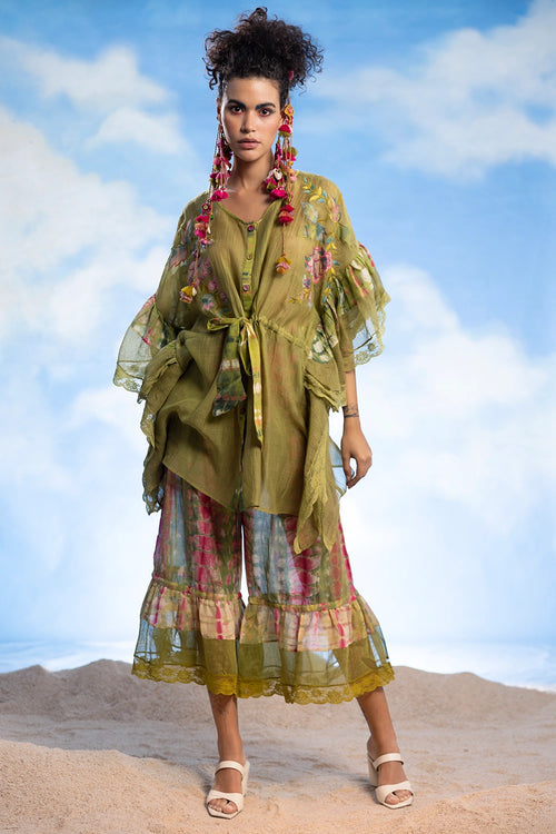Embroidered Front-Open Kaftan Shirt And Flare Pants Set