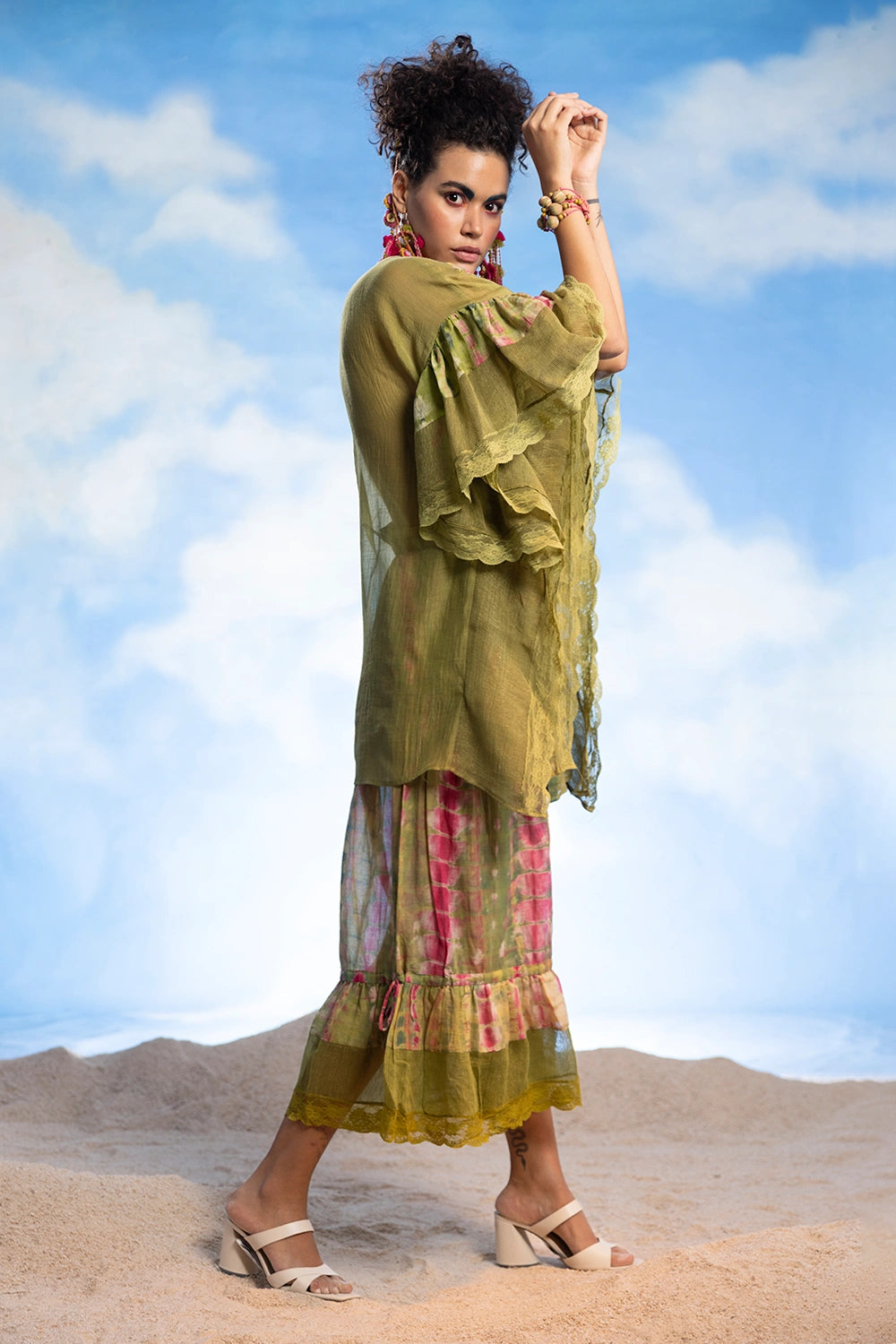 Embroidered Front-Open Kaftan Shirt And Flare Pants Set