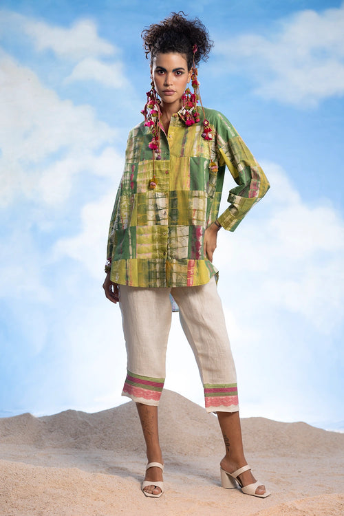 Patchwork Shirt And Linen Pants Set