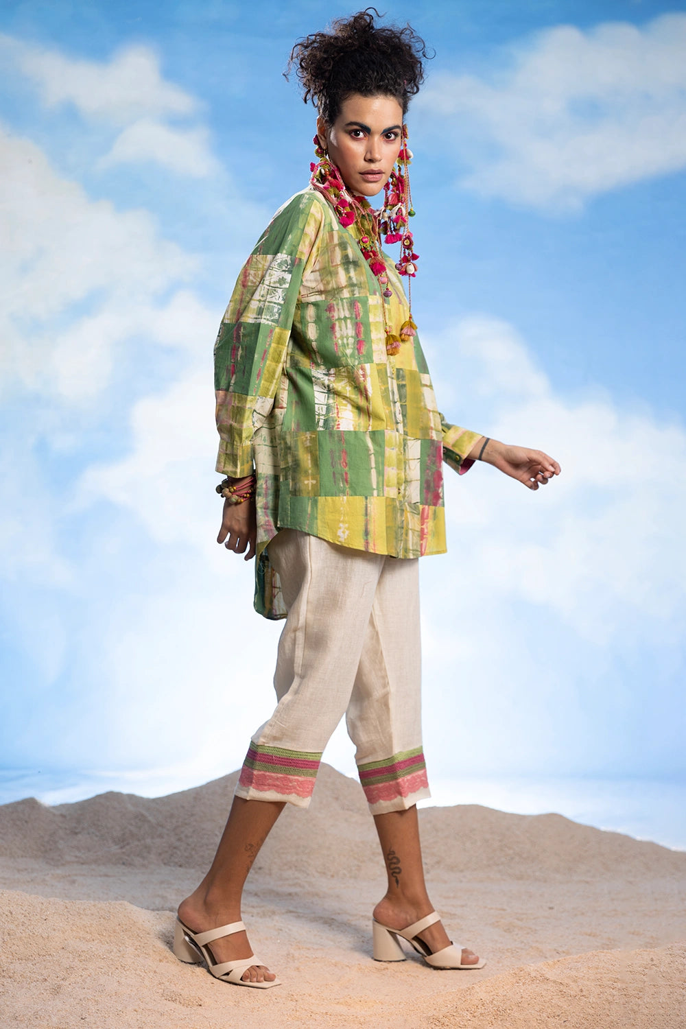 Patchwork Shirt And Linen Pants Set