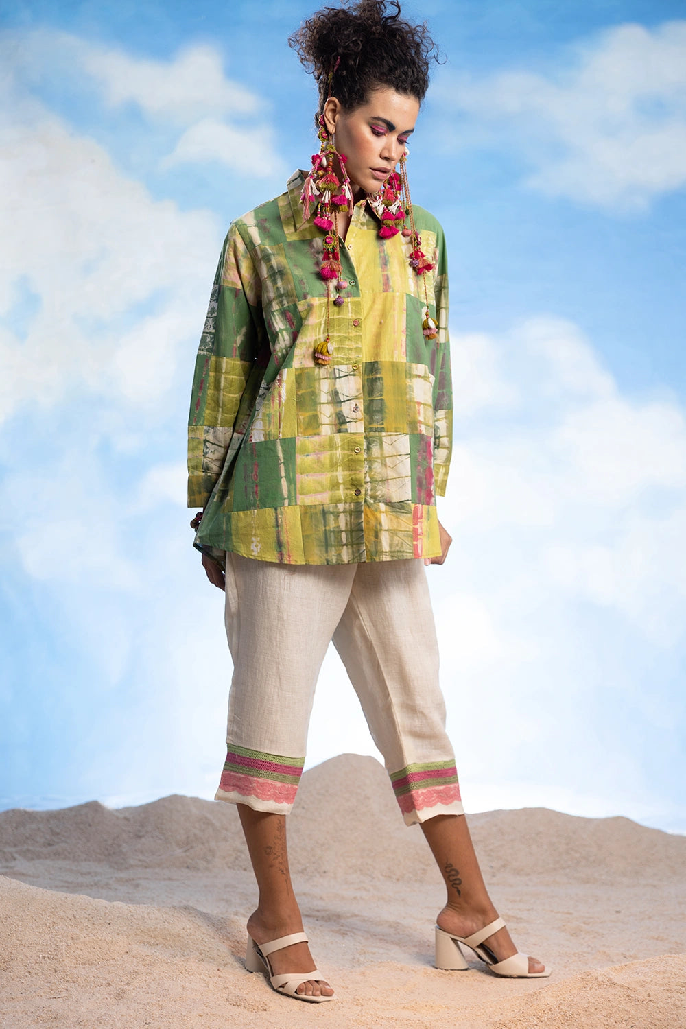 Patchwork Shirt And Linen Pants Set