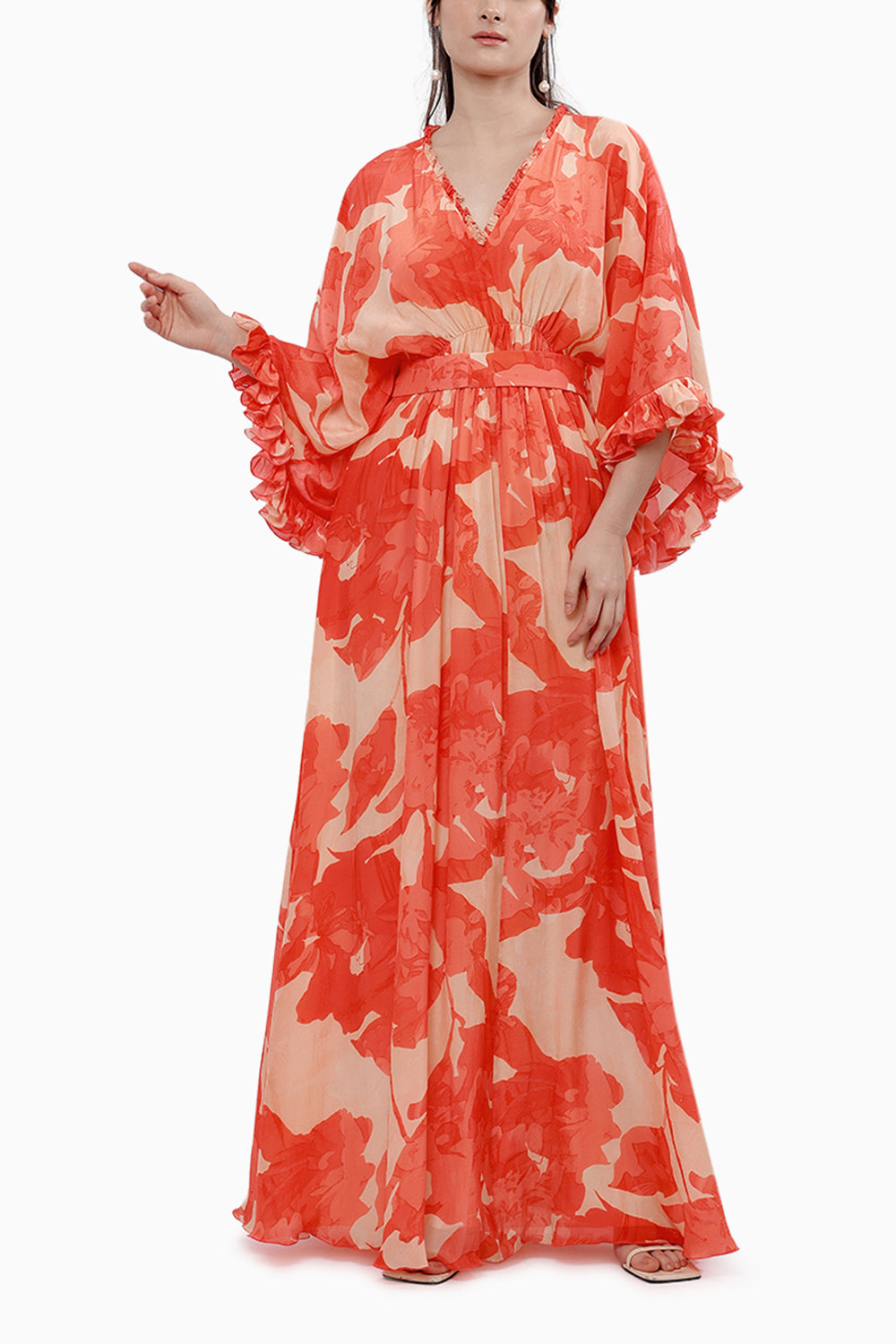Saffron Crepe Kimono Sleeve Long Dress