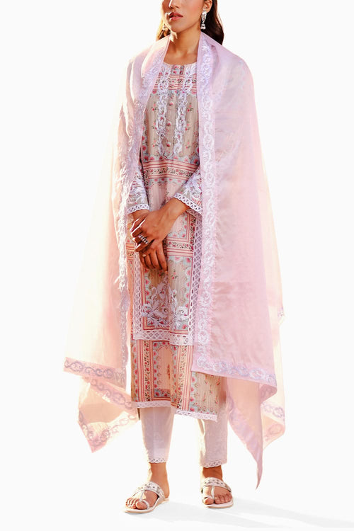 Pink and Sage Roshanara Kurta and Pants with Dupatta