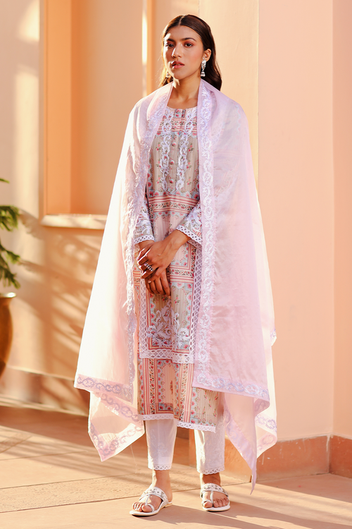 Pink and Sage Roshanara Kurta and Pants with Dupatta