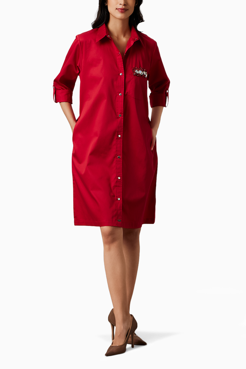 Red Pocket Swarovski Shirt Dress