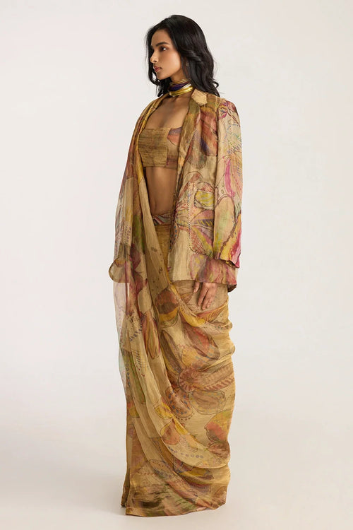 Gold Micah Blazer With Gold Agatha Sari With Gold Malaika Blouse