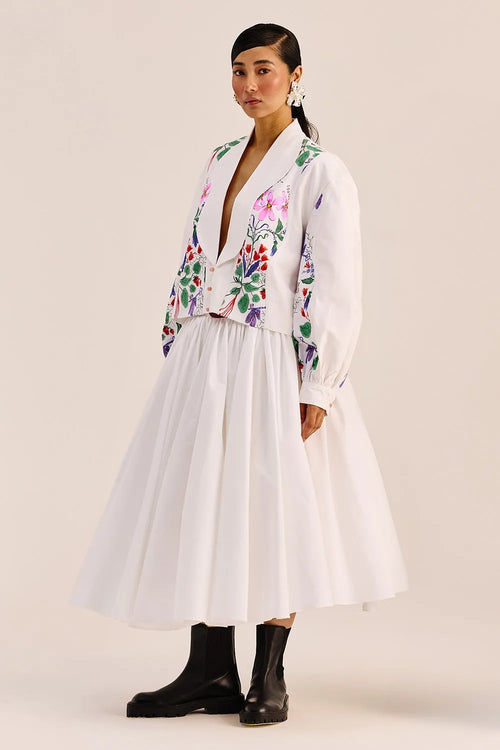 White Floral Jacket And Midi Skirt Set
