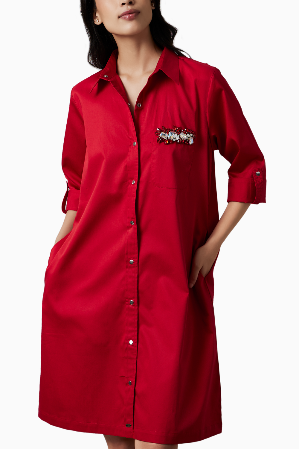 Red Pocket Swarovski Shirt Dress