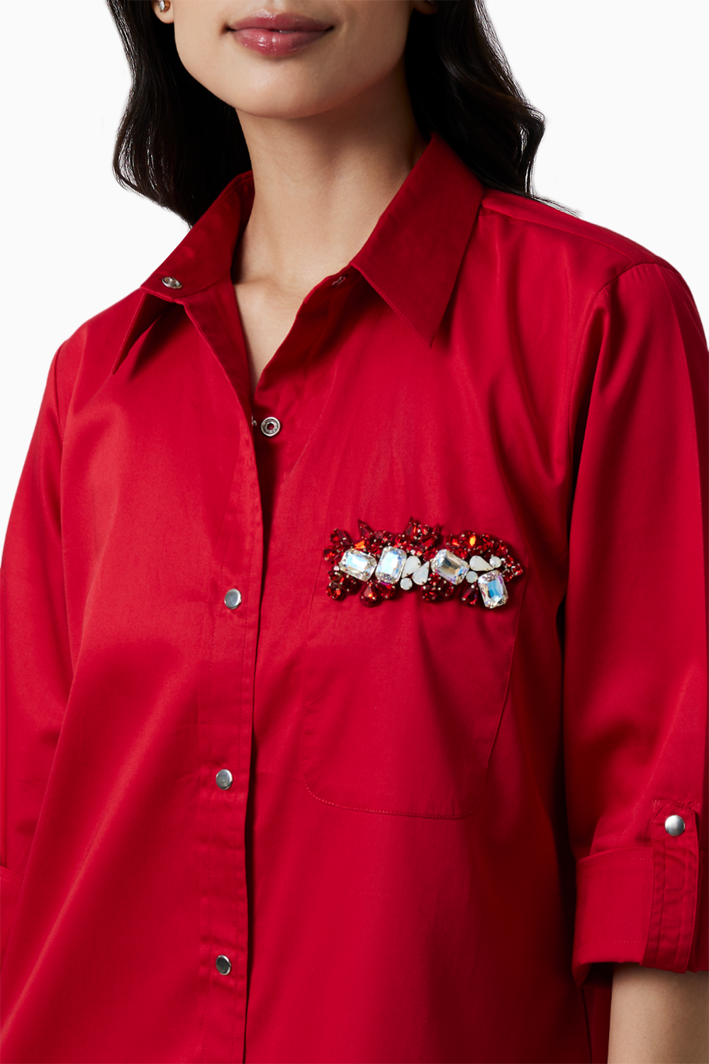 Red Pocket Swarovski Shirt Dress