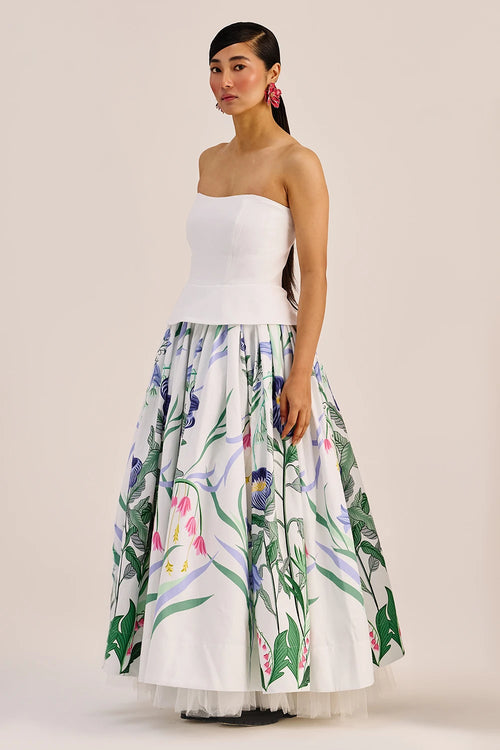 White Floral Strapless Maxi Dress