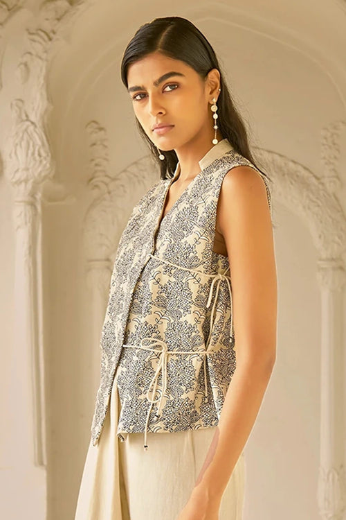 Beige Embroidered Sleeveless Top