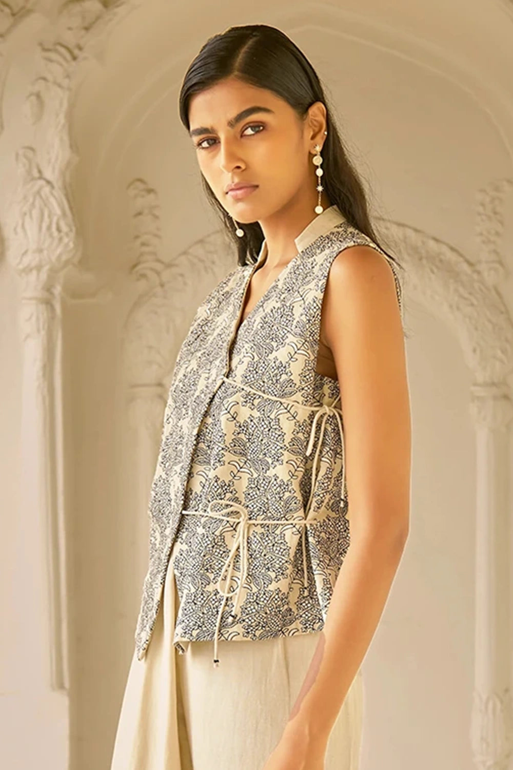 Beige Embroidered Sleeveless Top