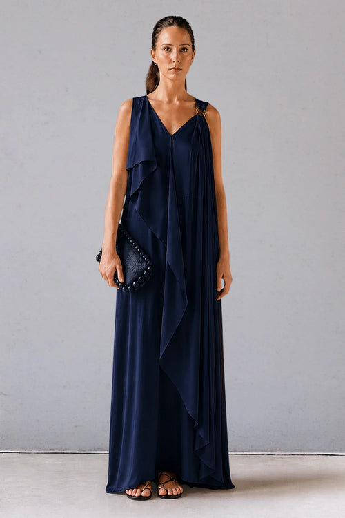 Navy Blue Asymmetric Draped Dress