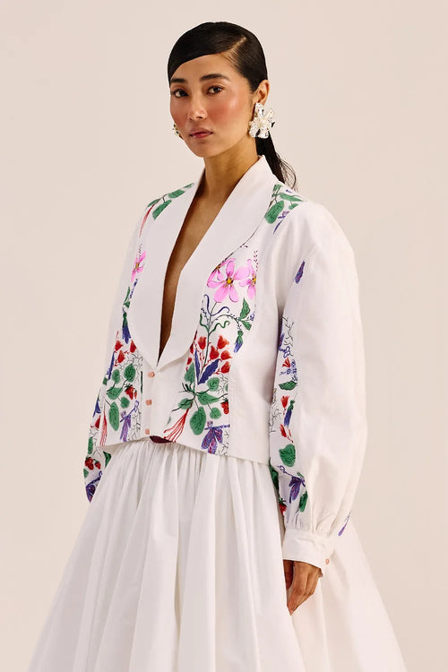 White Floral Printed Crop Jacket