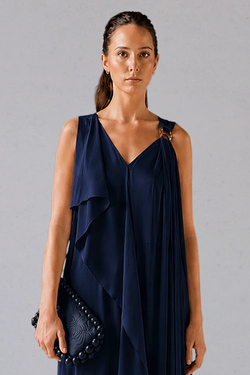 Navy Blue Asymmetric Draped Dress