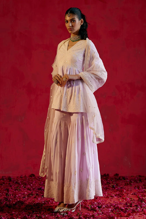 Lavender all-over Ambi Embroidered Peplum Sharara with Dupatta
