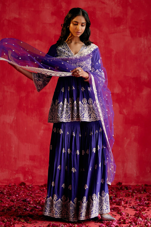 Purple all-over Ambi Embroidered Peplum Sharara with Dupatta