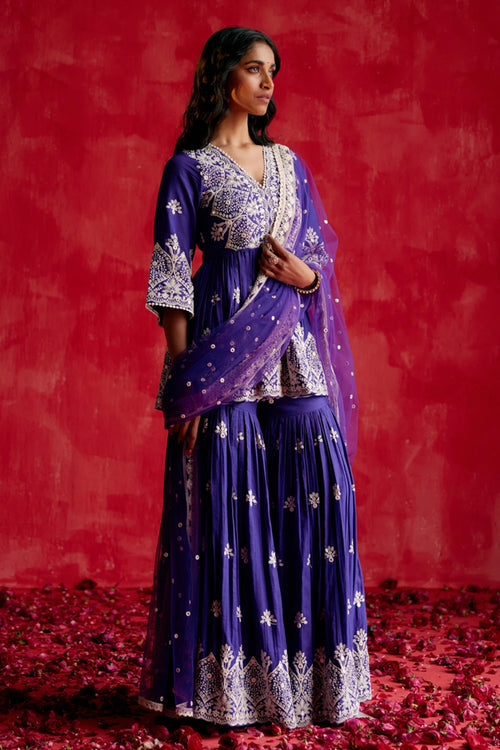 Purple all-over Ambi Embroidered Peplum Sharara with Dupatta