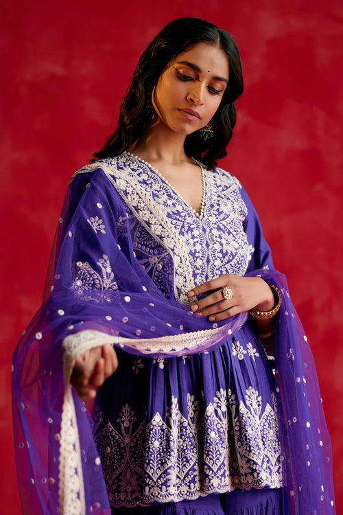 Purple all-over Ambi Embroidered Peplum Sharara with Dupatta