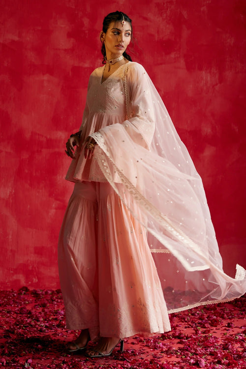 Blush Pink all-over Ambi Embroidered Peplum Sharara with Dupatta