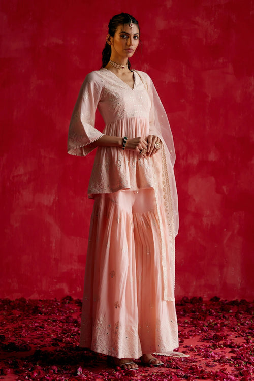 Blush Pink all-over Ambi Embroidered Peplum Sharara with Dupatta