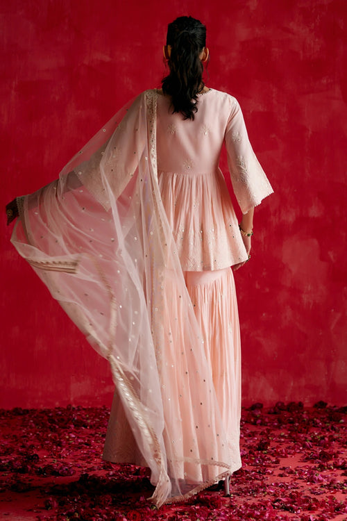 Blush Pink all-over Ambi Embroidered Peplum Sharara with Dupatta