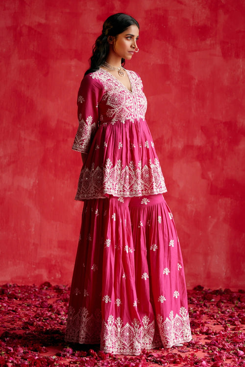 Fuchsia all-over Ambi Embroidered Peplum Sharara with Dupatta