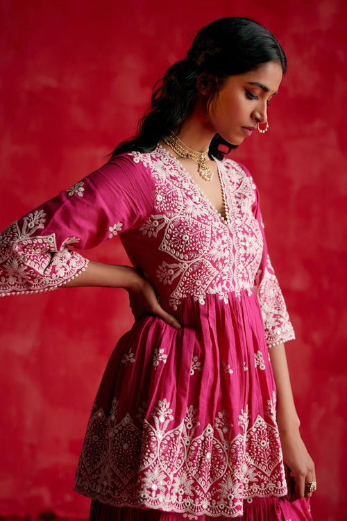 Fuchsia all-over Ambi Embroidered Peplum Sharara with Dupatta