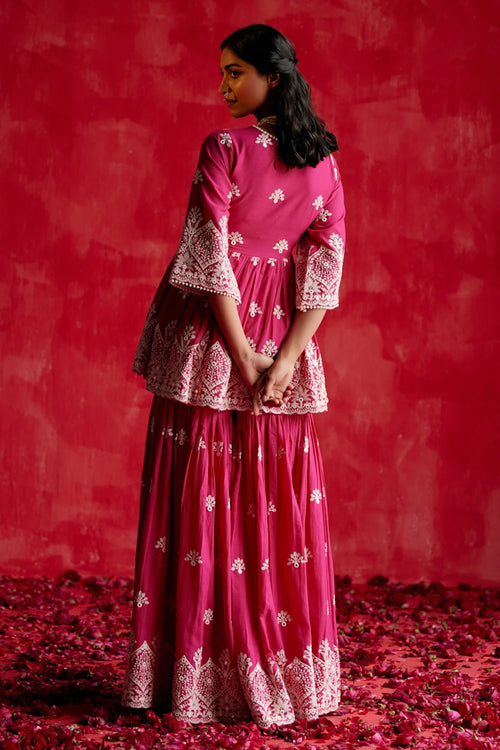 Fuchsia all-over Ambi Embroidered Peplum Sharara with Dupatta