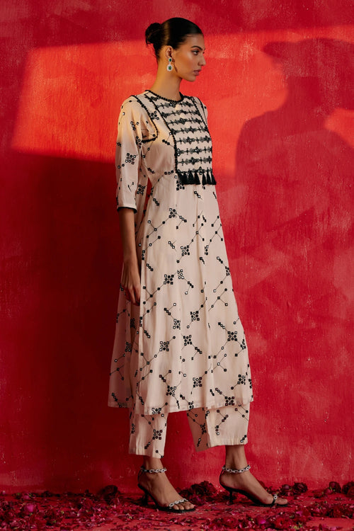 Black And White SK BK Kurta with Tassels