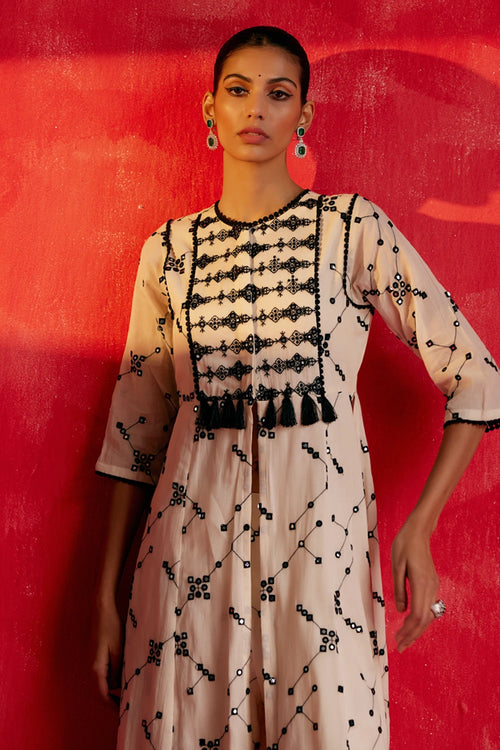 Black And White SK BK Kurta with Tassels