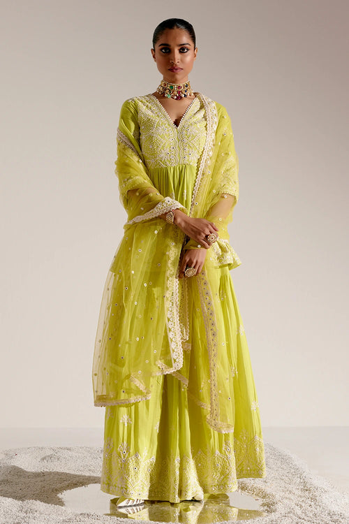Neon Green Ambi Embroidered Peplum Sharara With Dupatta