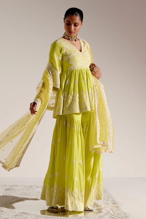 Neon Green Ambi Embroidered Peplum Sharara With Dupatta