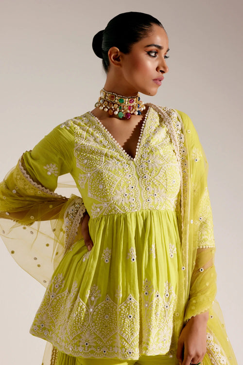 Neon Green Ambi Embroidered Peplum Sharara With Dupatta