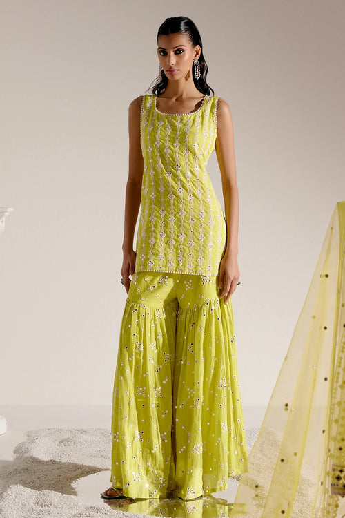 Neon Green SK-BK all-over Embroidered Straight Sharara with Dupatta