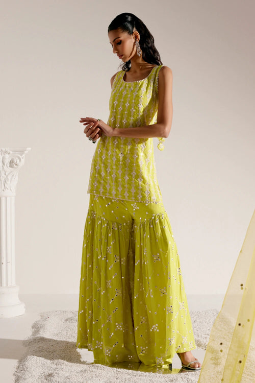 Neon Green SK-BK all-over Embroidered Straight Sharara with Dupatta
