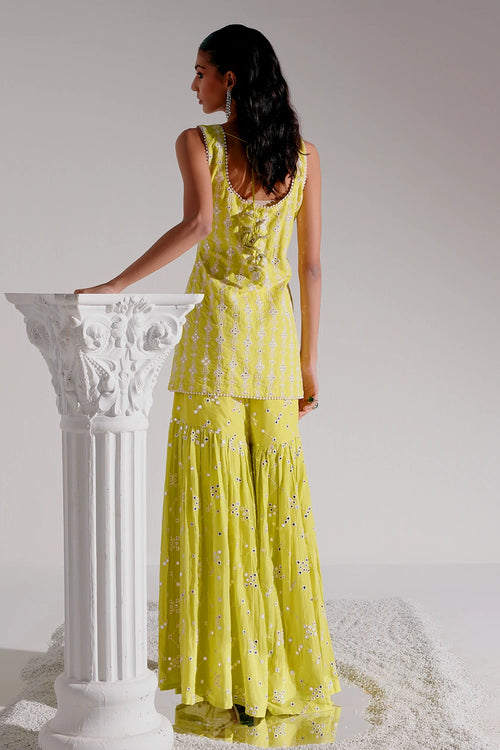 Neon Green SK-BK all-over Embroidered Straight Sharara with Dupatta