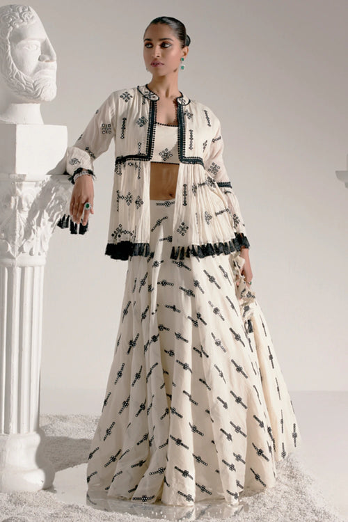 Black And White Center Square Lehenga with Embroidered Tassel Jacket
