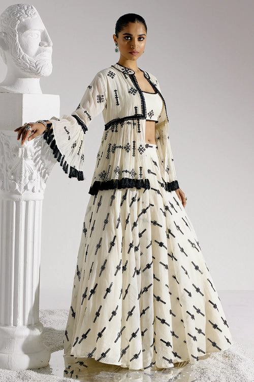 Black And White Center Square Lehenga with Embroidered Tassel Jacket