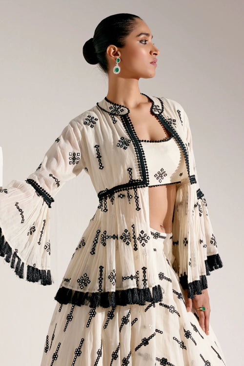 Black And White Center Square Lehenga with Embroidered Tassel Jacket