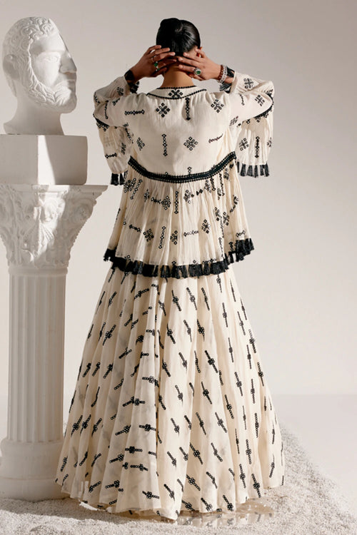 Black And White Center Square Lehenga with Embroidered Tassel Jacket