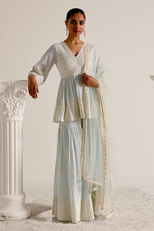 Ice Blue all-over Ambi Embroidered Peplum Sharara with Dupatta