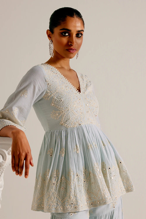 Ice Blue all-over Ambi Embroidered Peplum Sharara with Dupatta
