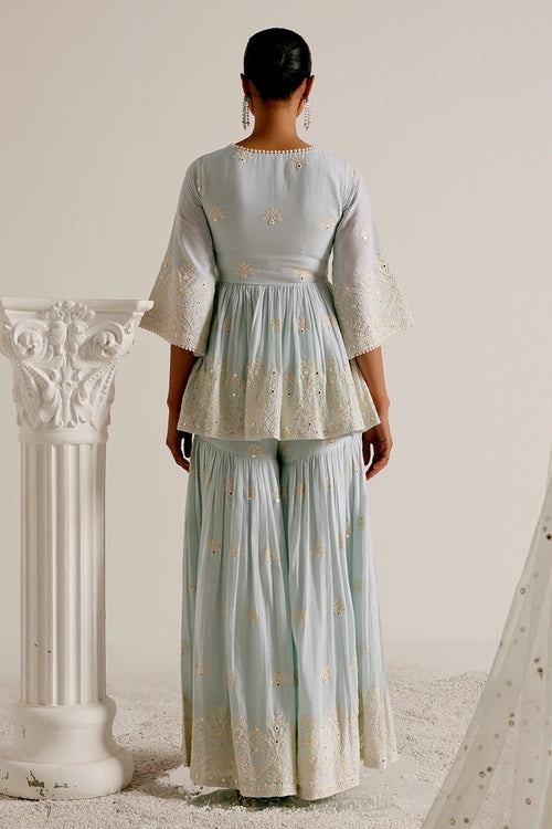Ice Blue all-over Ambi Embroidered Peplum Sharara with Dupatta