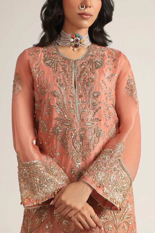 Zar Rang Peach Heavy Jaal Kaftan Set