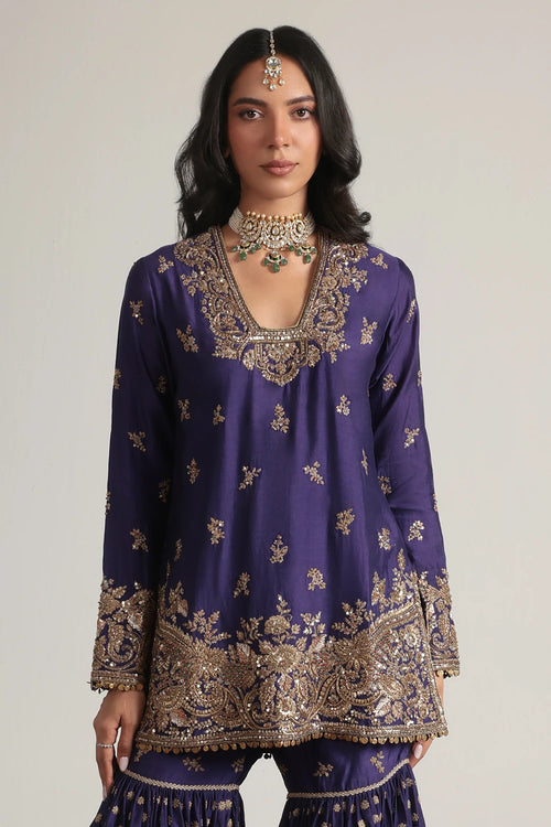 Zar Rang Purple Buti Sharara Set